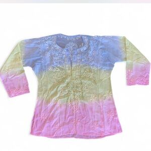 Long Sleeve Silk Button Down Ombré Pastel Sequin Embroidered Women’s Top Large